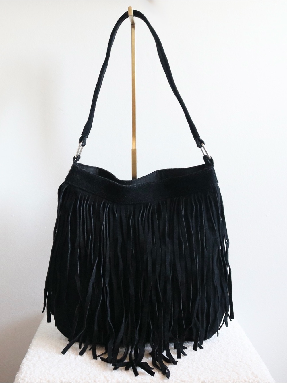 Genuine Suede Fringe Shoulder Bag Black